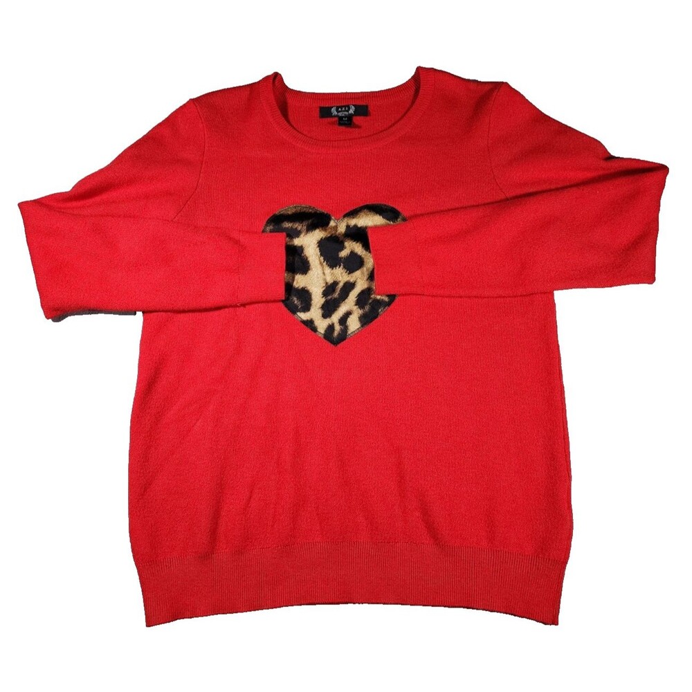A.Z.I New York Red Sweater Leopard Heart Long Sleeve Womens Size M